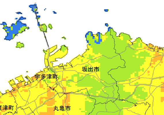 直下型地震（中央構造線）の震度分布図