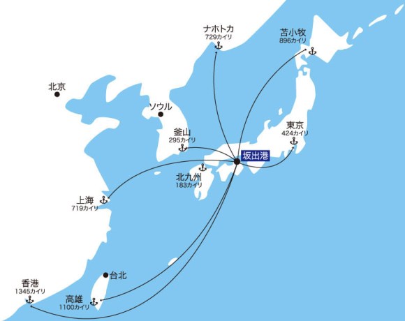 坂出港と関係港湾との海上距離を示した地図